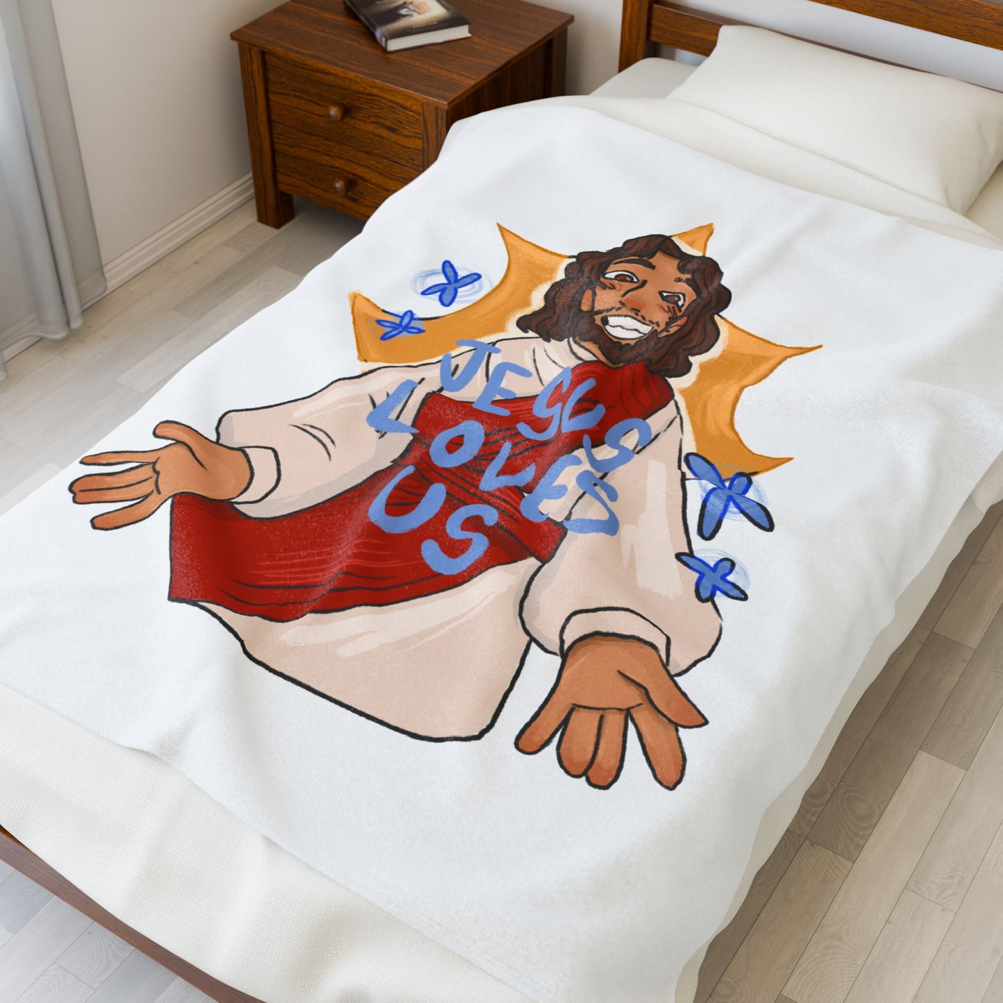 Jesus Loves Us Velveteen Plush Blanket
